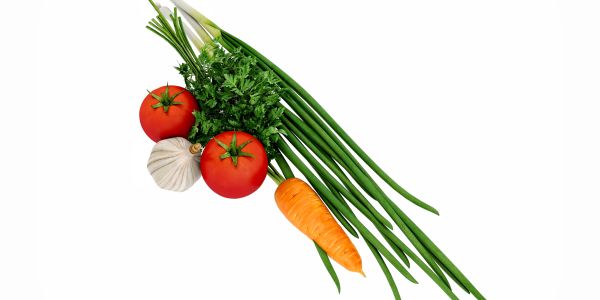 Fresh vegetables including tomatoes, garlic, carrot, and green onions on white.