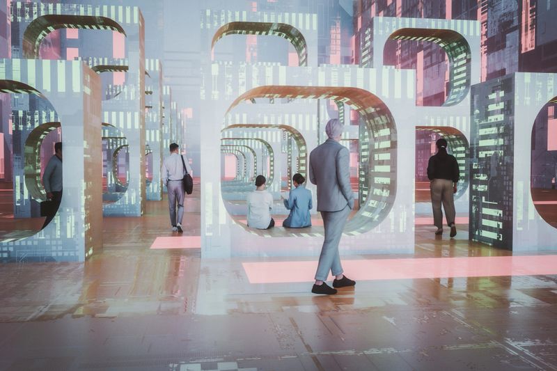 Group of people in futuristic city street. 3D generated image.