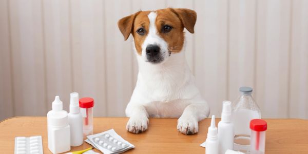 A dog at a table with various medicine bottles and pills.