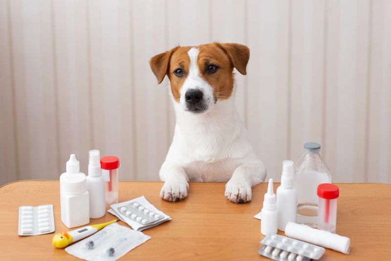 Cute Jack Russell Terrier dog sitting at a table with pet medicine and looking at the camera. Concept of veterinary care, treatment and pet health