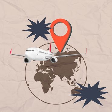 An illustration of an airplane flying across a globe with a location pin marker, representing travel