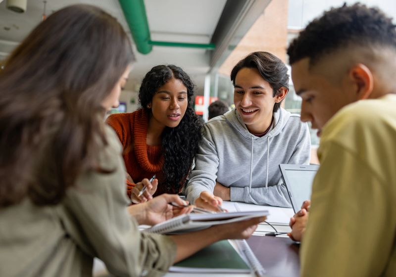 Happy Latin American group of students studying together at the library - education concepts