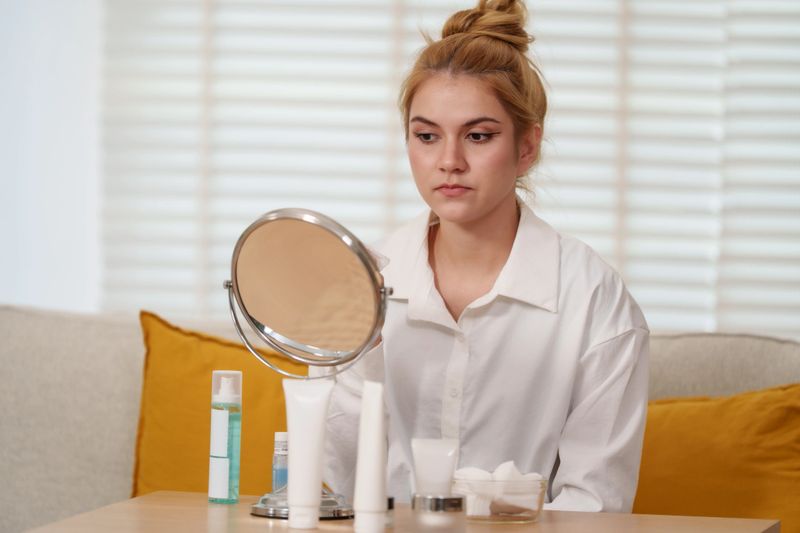 Young woman sits in front of mirror, focusing on her skincare routine. She aims to enhance her skin health and beauty, using various products to brighten her complexion