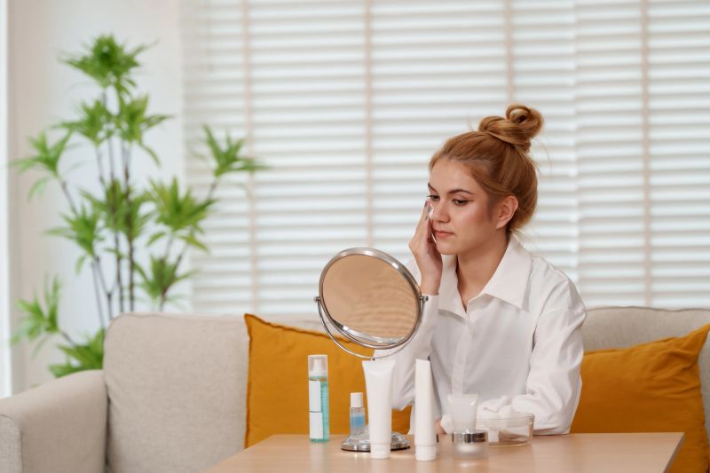 Enhance your skin health and beauty with brightening skincare routine. This captures young woman applying products in front of mirror, showcasing her commitment to glowing skin