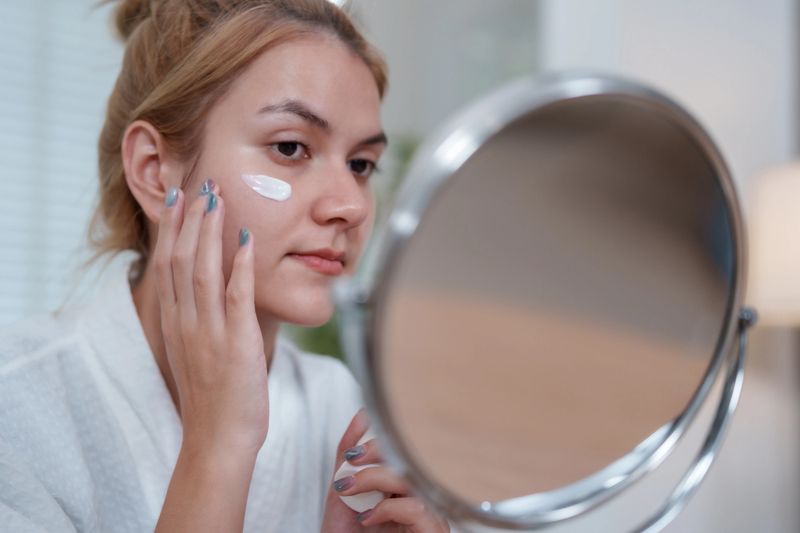 Enhance skin health and beauty with daily routine that helps brighten complexion while applying nourishing cream in front of mirror