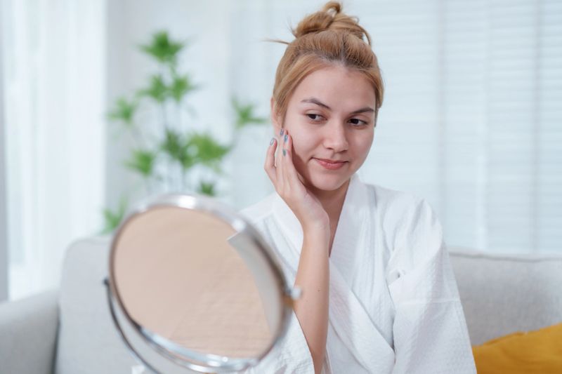Woman in white robe examines her skin in mirror, showcasing moment of self care and beauty. Her healthy skin appears radiant and bright, reflecting her commitment to skin health and beauty
