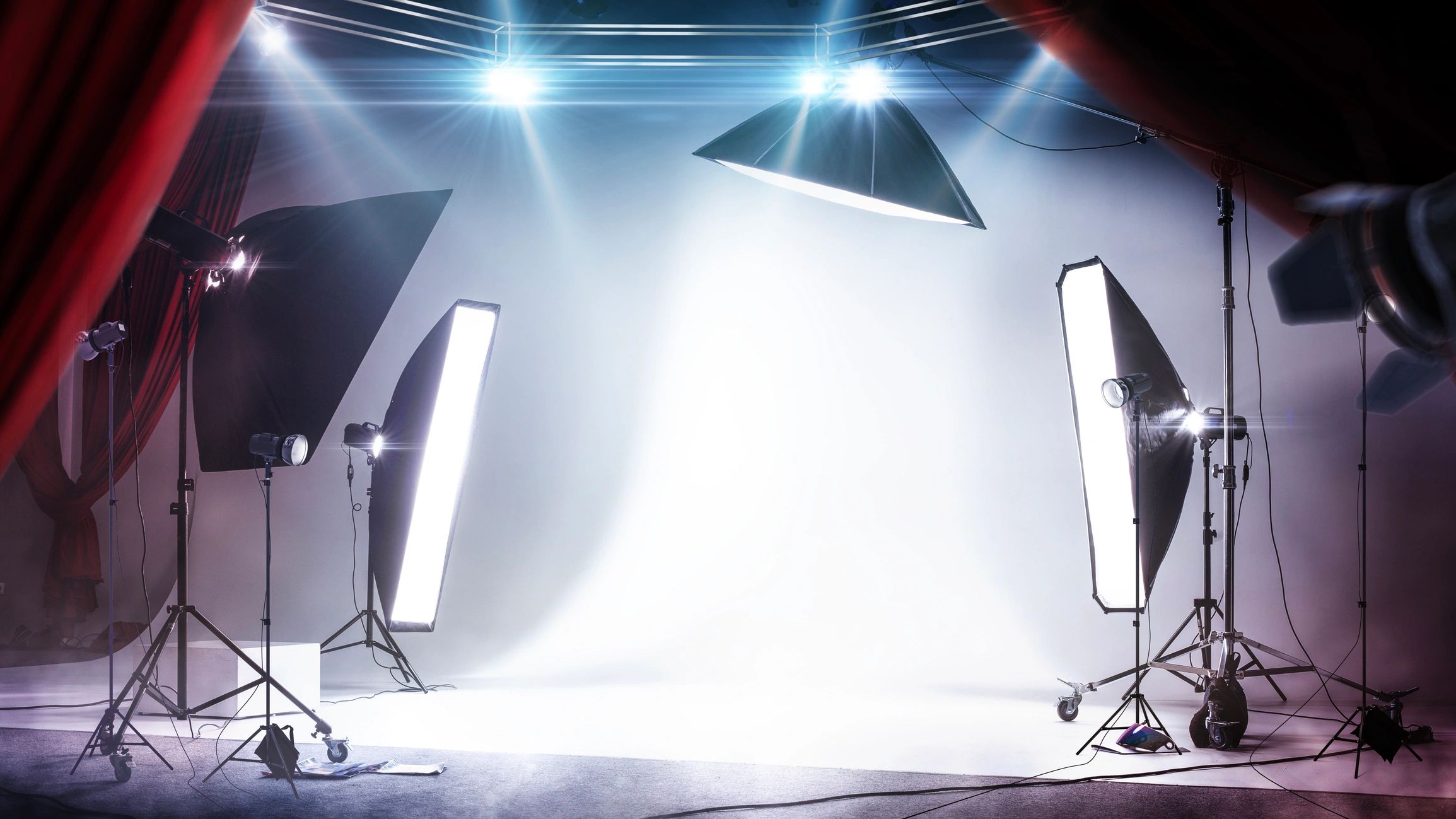 professional lighting on a white cyclorama film studio set