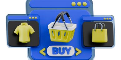 3D online shopping icons with buy button.