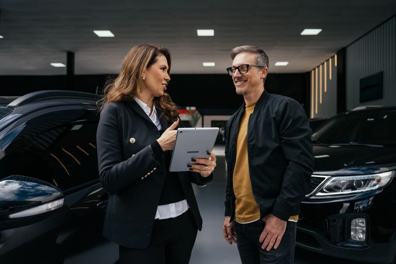 Car saleswoman talking to customer