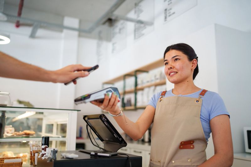 A young female cafe employee is seen accepting a contactless payment from a customer using a mobile phone at the counter. The scene captures the convenience of modern payment methods and efficient customer service in a contemporary cafe environment.