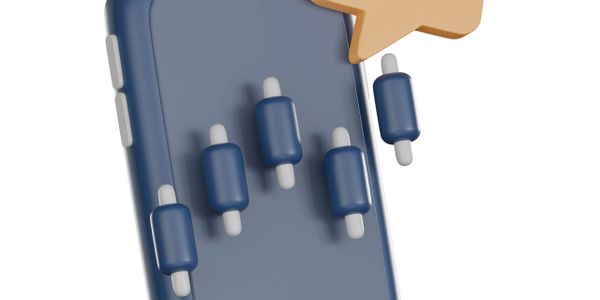 3D smartphone with trading candlestick chart and 'SELL' notification.