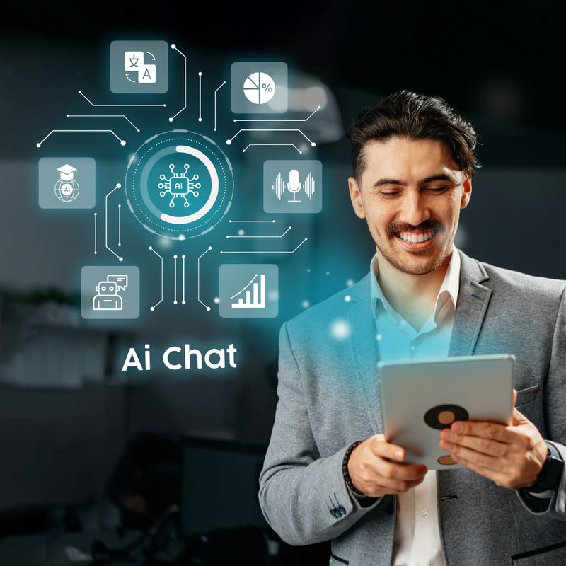 A professional man smiles while using a tablet to interact with an AI chat interface in a sleek office. The scene highlights advanced technology and a collaborative workspace.