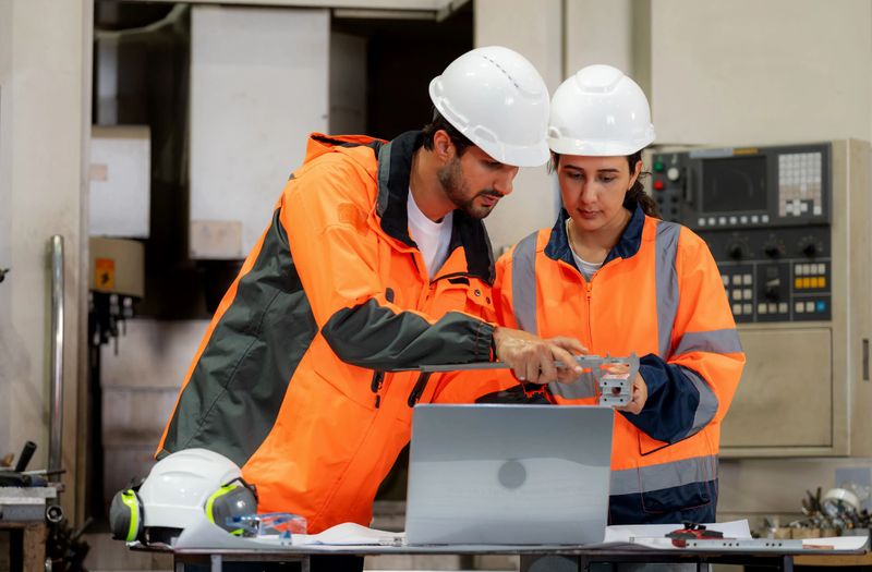 Two mechanical engineers in full safety gear examine a machined metal part, comparing its measurements and design specs through a computer interface. A precise inspection process ensuring manufacturing quality and standard compliance in an advanced production facility.