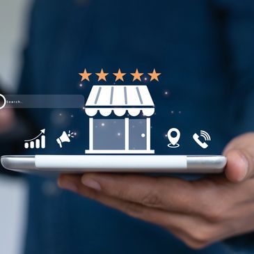 Virtual storefront with five-star rating above smartphone.