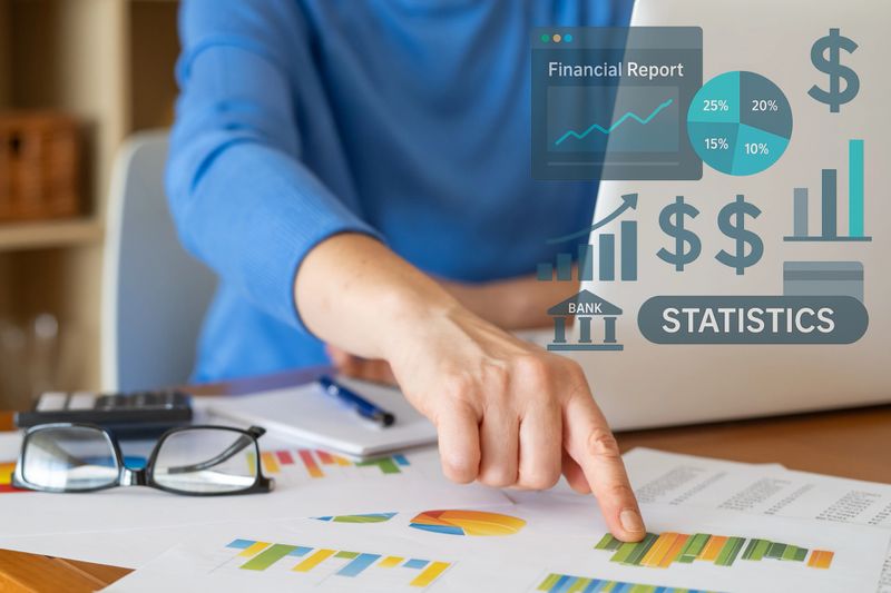 Businesswoman pointing at financial statistics and charts, analyzing company performance and profit using business intelligence and analytics