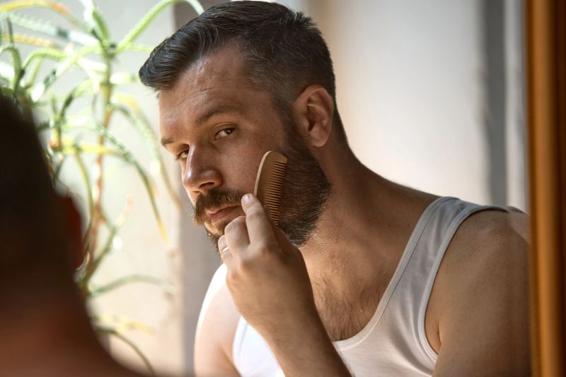 Clean-boy grooming. Caucasian man grooms his beard with a wooden comb while standing in front of a mirror by a window with natural light and a nearby plant. Concept of self-care rituals.