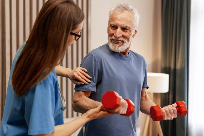 Happy elderly man exercising with dumbbells, receiving support from a friendly nurse during a home healthcare visit, promoting active recovery and senior fitness. Rehabilitation concept