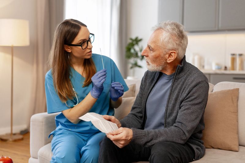 Young female nurse wearing blue gloves demonstrating the use of a nasal swab for a coronavirus self-test to a senior man holding instructions in a cozy living room setting