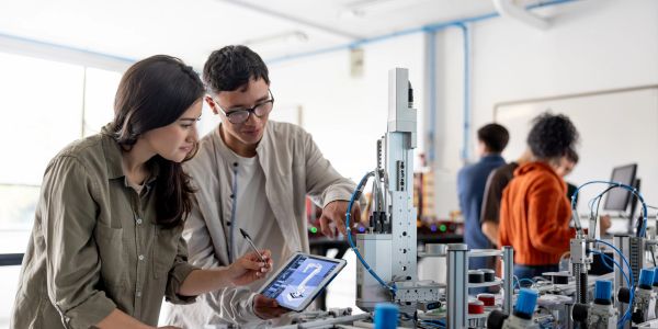 Two students working on a robotics project in a lab.