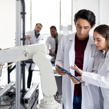 Estudiantes de ingeniería trabajando con un robot industrial.