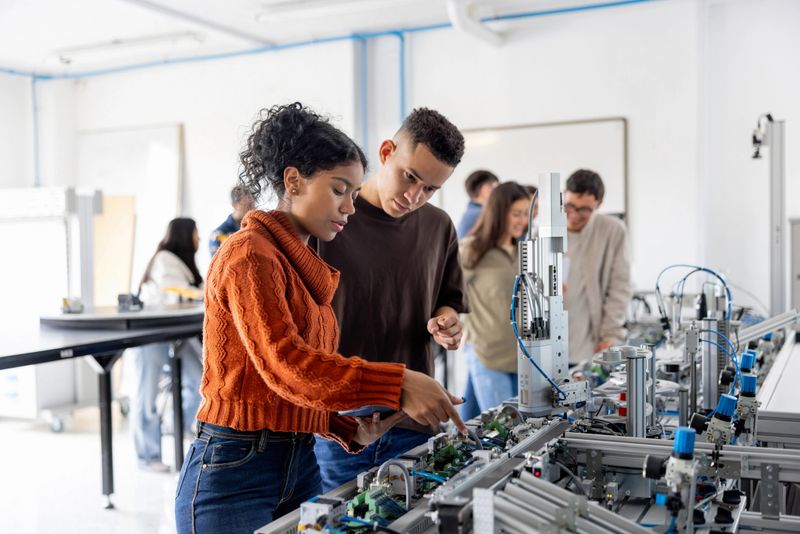 Team of robotic students building a production line robot in an engineering class - STEM education concepts