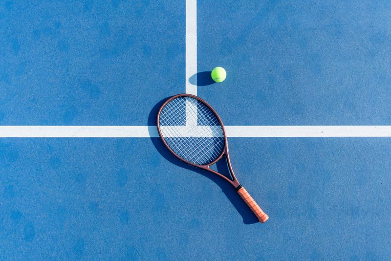 Tennis racket lying on the blue surface of an outdoor tennis court with white line markings.