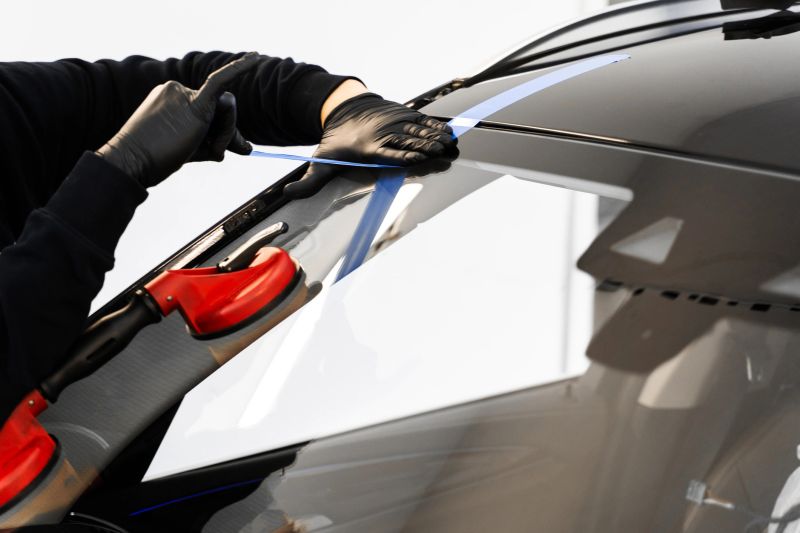 Windshield replacement using lifting tools that grip glass securely. Windshield technicians rely on vacuum lifters for glass removal. Windshield removal and installation using suction lifters.