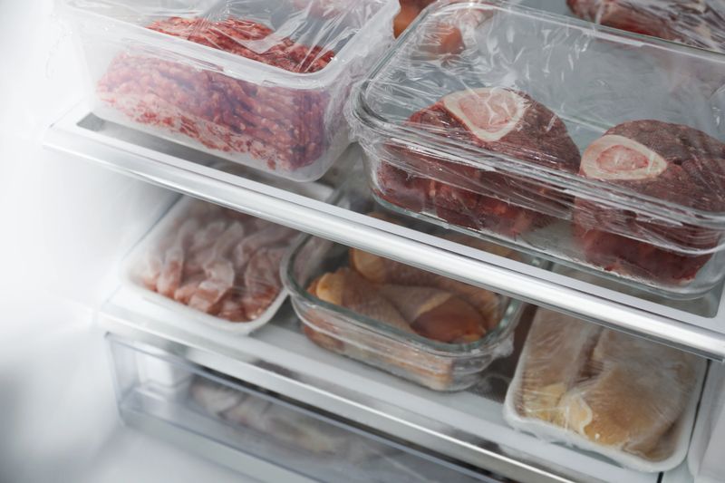 Different frozen meat products in fridge, closeup