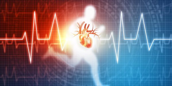 A glowing human silhouette running with a heart and heartbeat lines in the background.