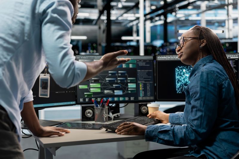 Server farm teamworking engineers doing brainstorming, looking at data analysis graph to reduce failures. Data center colleagues talking, working together using AI visualization dashboard
