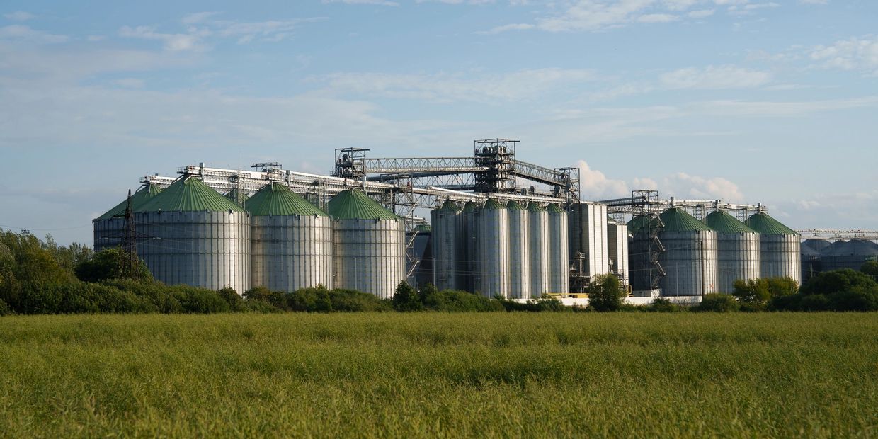 Large industrial grain silos with green roofs in a rural setting.