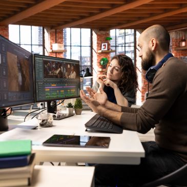 Two professionals editing video content at office.