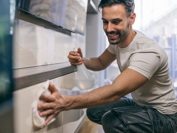 A man smiling while cleaning kitchen cabinets with a spray bottle and cloth.