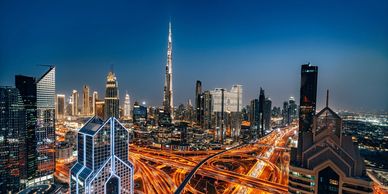 Dubai cityscape from above at dusk