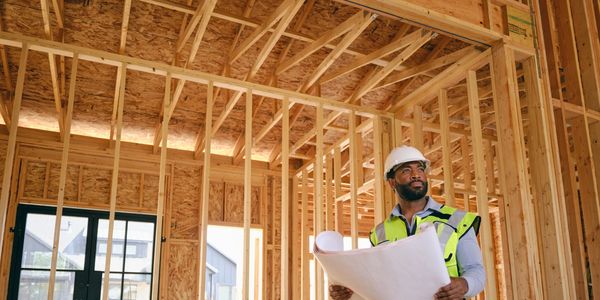 Construction worker reviewing blueprints inside a wooden frame building.