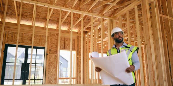 Construction worker in safety gear reviewing blueprints inside a wooden frame house.