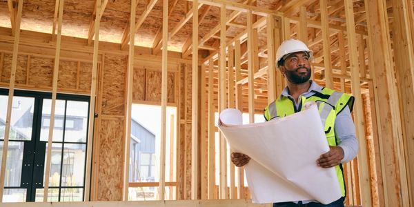 Construction worker reviewing blueprints inside a house under construction.