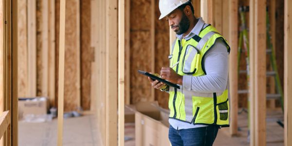 Construction worker using tablet at building site.
