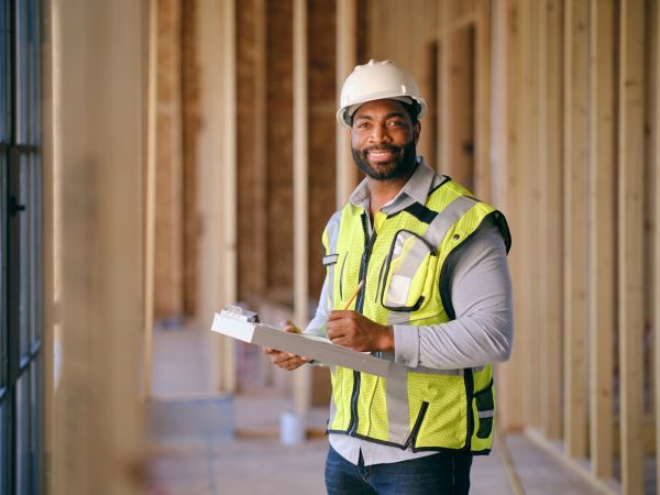 Smiling construction worker in safety gear holding a clipboard indoors.