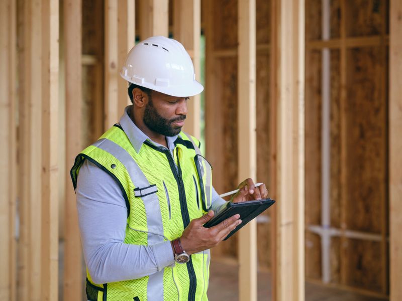 A construction worker inspecting a home under construction.
