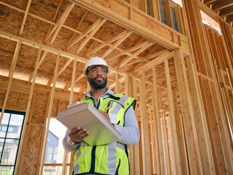 A construction worker inspecting a home under construction.