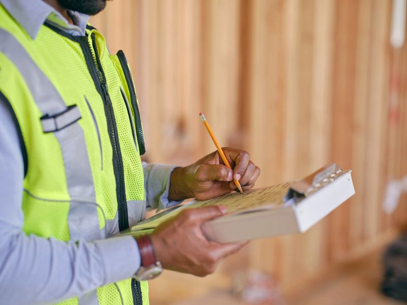 A construction worker inspecting a home under construction.