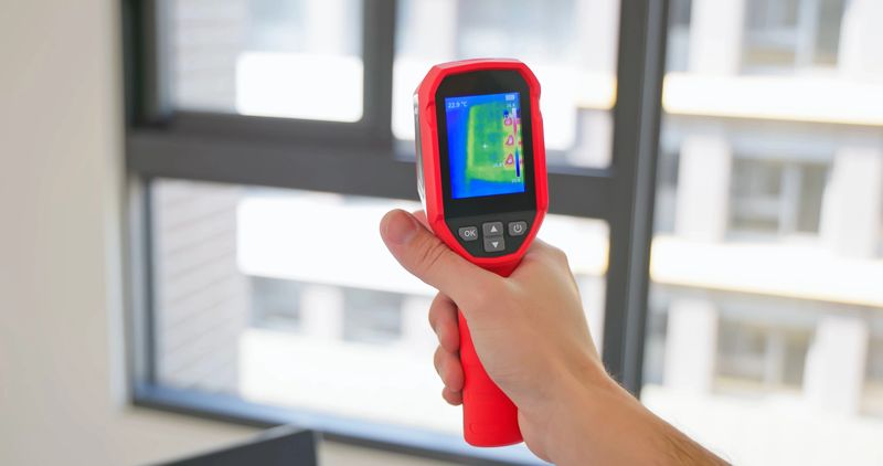 closeup asian home inspector use thermal imager to detect window leaks focusing on the device display