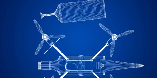Blueprint-style digital rendering of a drone carrying a wine glass.