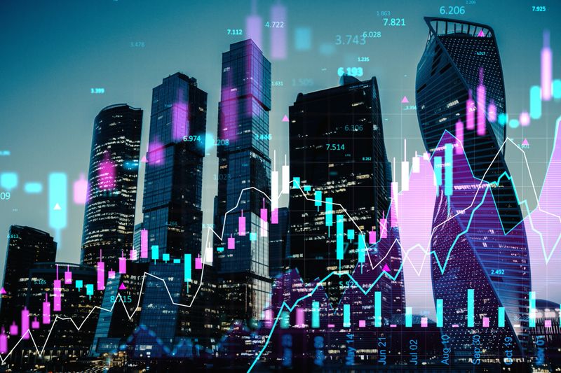 Skyscrapers in Moscow at night with digital financial graphs overlaid, abstract style on urban background, concept of stock market and investment