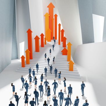 Business people ascending stairs with upward arrows symbolizing growth.