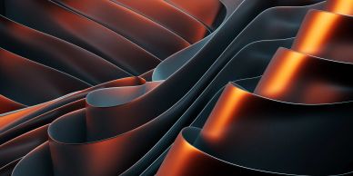 Abstract dark metallic waves with glowing orange edges.