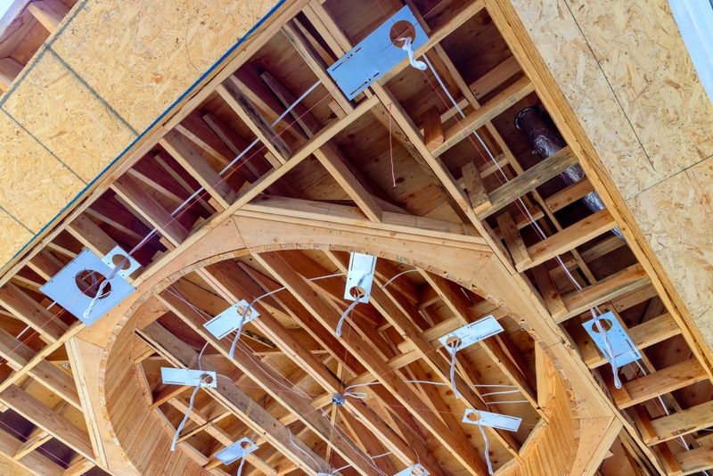 Close up of wooden ceiling structure highlights electrical wiring intricate design details.