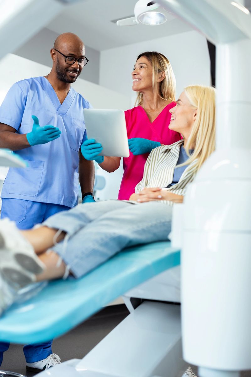 Dentist and nurse showing results on digital tablet to young adult female patient lying on dentist chair