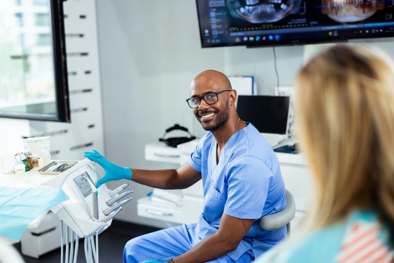 Smiling dentist showing dental equipment to patient in modern clinic